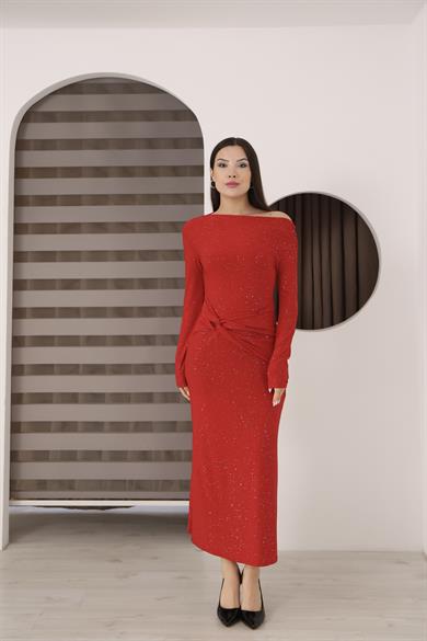 Kayık Yaka Sim Detaylı Drapeli Sandy Abiye Elbise Kırmızı
