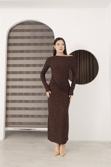 Kayık Yaka Sim Detaylı Drapeli Sandy Abiye Elbise Acı Kahve