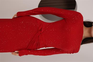 Kayık Yaka Sim Detaylı Drapeli Sandy Abiye Elbise Kırmızı