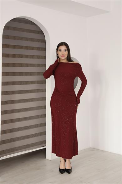 Kayık Yaka Sim Detaylı Drapeli Sandy Abiye Elbise Bordo