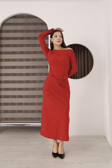Kayık Yaka Sim Detaylı Drapeli Sandy Abiye Elbise Kırmızı