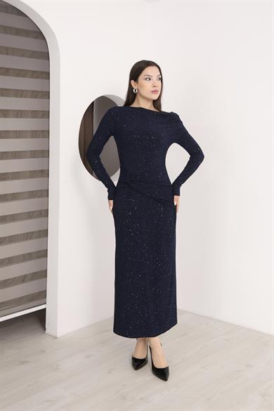 Kayık Yaka Sim Detaylı Drapeli Sandy Abiye Elbise Larcivert