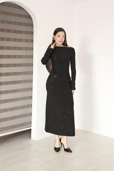 Kayık Yaka Sim Detaylı Drapeli Sandy Abiye Elbise Siyah