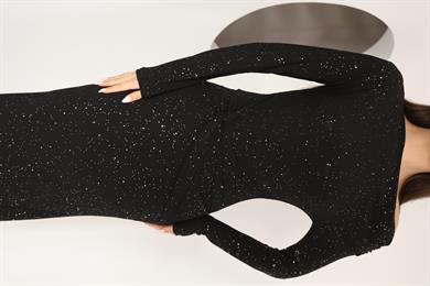 Kayık Yaka Sim Detaylı Drapeli Sandy Abiye Elbise Siyah