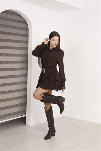 Krep Dantel Detaylı Kemerli Volanlı Mini Gömlek Elbise Acı Kahve