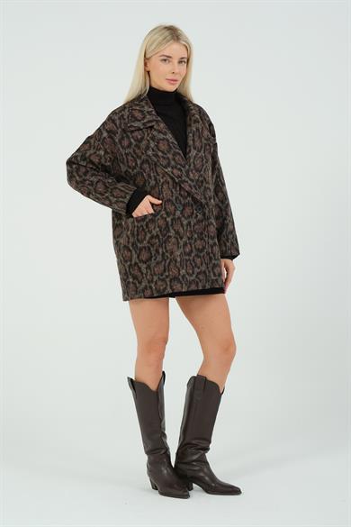 Leopar Desenli Oversize Kaşe Kaban Siyah