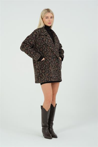 Leopar Desenli Oversize Kaşe Kaban Siyah