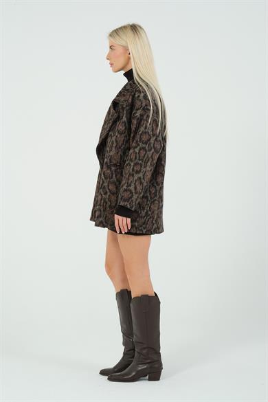 Leopar Desenli Oversize Kaşe Kaban Siyah