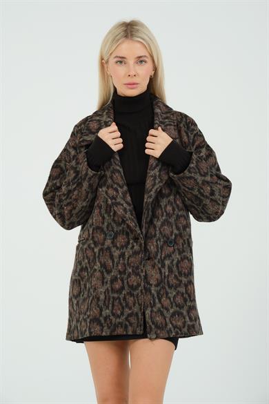 Leopar Desenli Oversize Kaşe Kaban Siyah