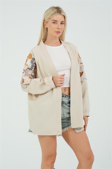 NAKIŞ İŞLEMELİ KETEN KİMONO BEJ
