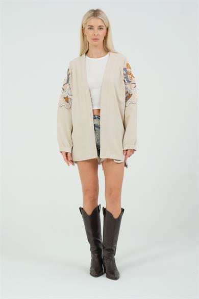 NAKIŞ İŞLEMELİ KETEN KİMONO BEJ