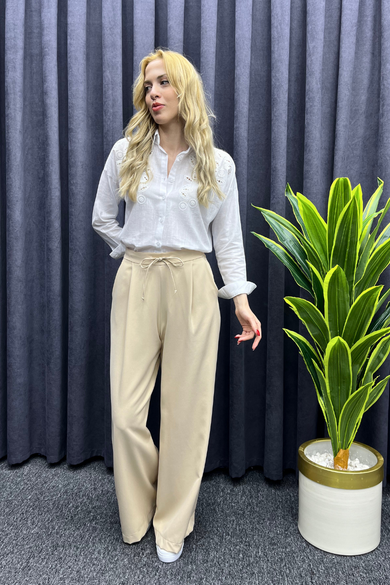 Kadın Beyaz Fistolu Uzunkol Keten Görünümlü Gömlek Beyaz