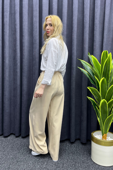 Kadın Beyaz Fistolu Uzunkol Keten Görünümlü Gömlek Beyaz