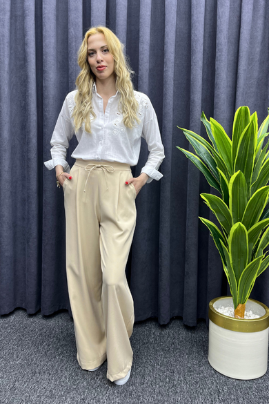 Kadın Beyaz Fistolu Uzunkol Keten Görünümlü Gömlek Beyaz