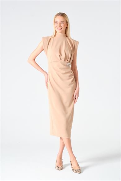  Kadın Vizon Drape Detaylı Vatkalı Broş Detaylı Elbise