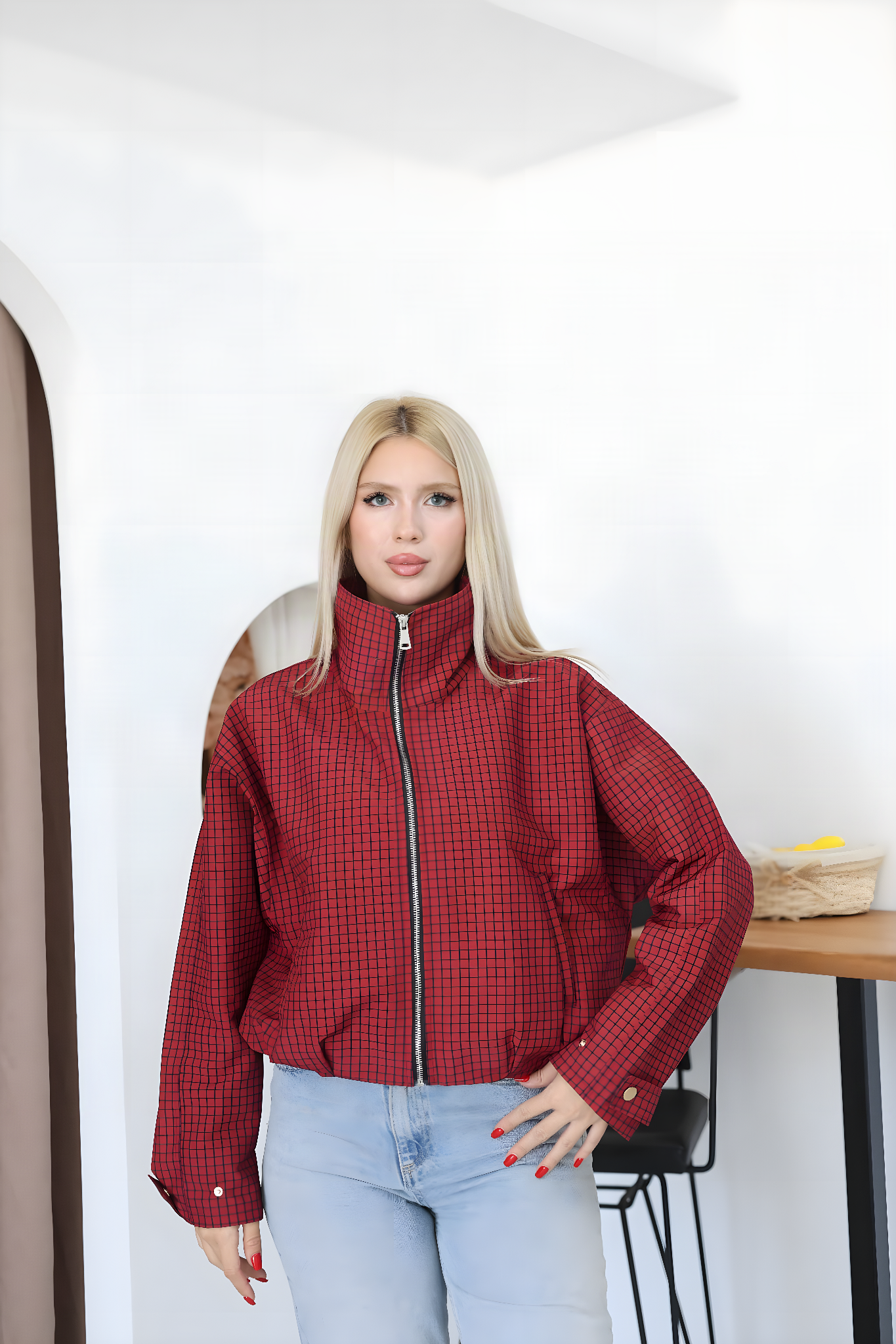 Kırmızı Ekose Desenli Fermuarlı Dik Yaka Uzun Kollu Oversize Bomber Ceket