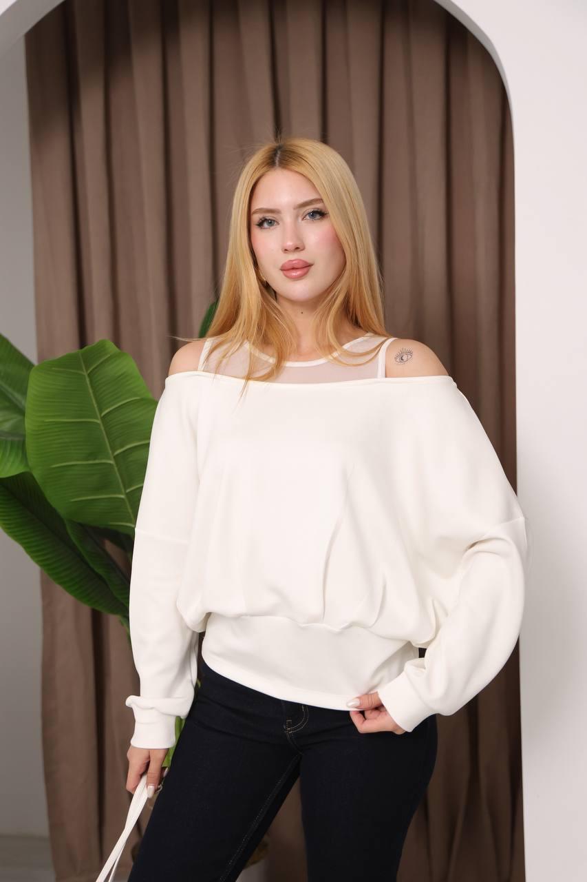 Kadın Beyaz Kayık Yaka Oversize Salaş Dökümlü Modal Bluz
