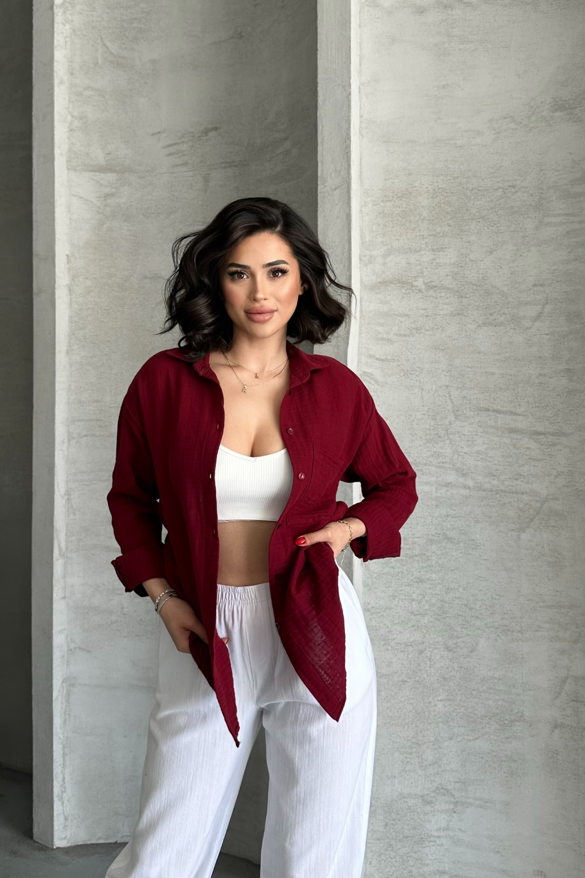 Kadın Bordo Müslin Kumaş Oversize Gömlek