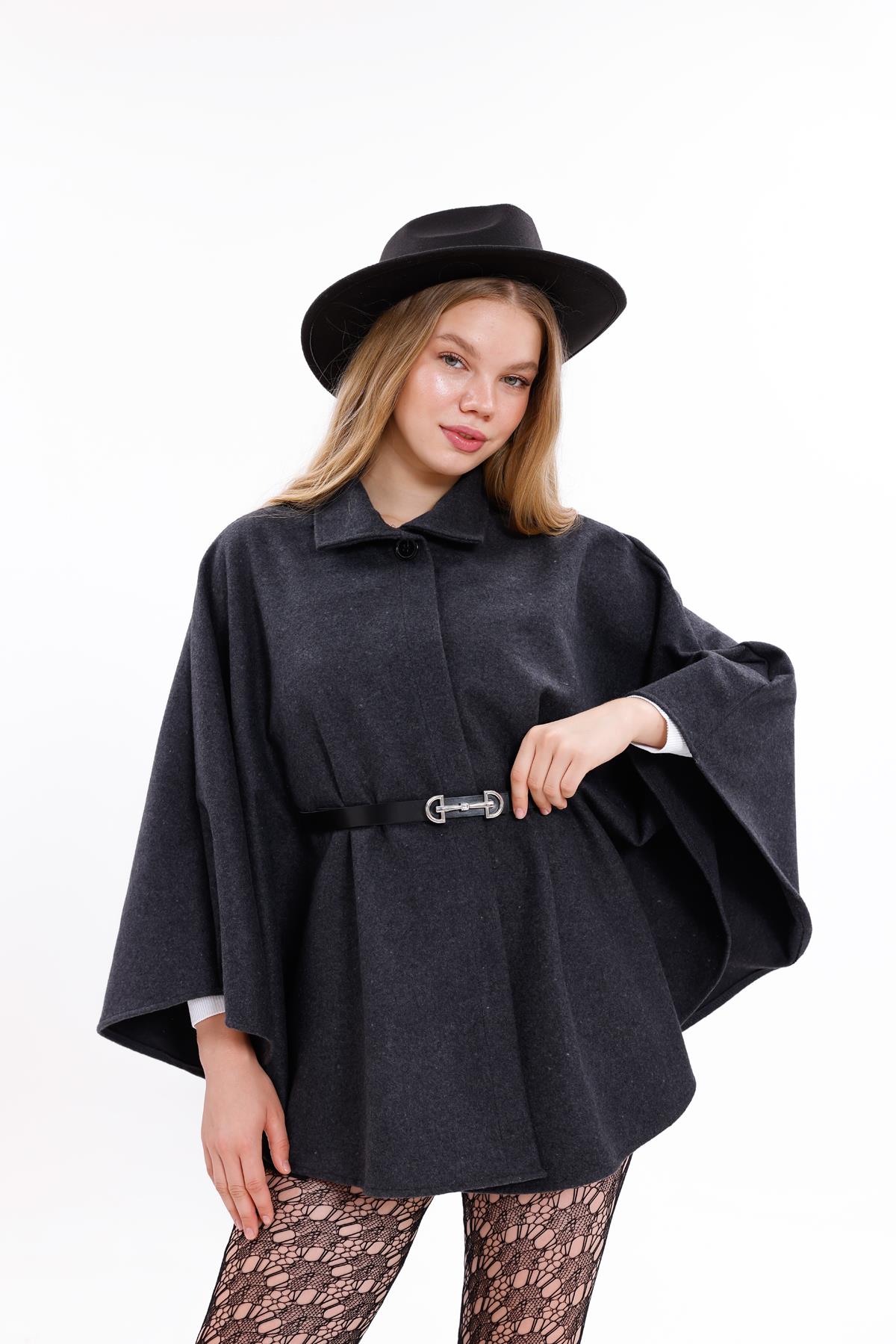 KADIN KEMERLİ KAŞE PANÇO ANTRASİT
