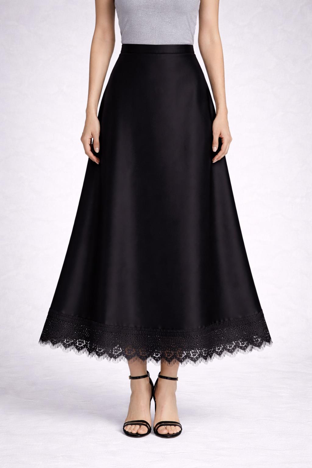 Kadın Siyah Dantel Detaylı A Kesim Midi Boy Saten Etek Yüksek Bel Şık ve Zarif Tasarım