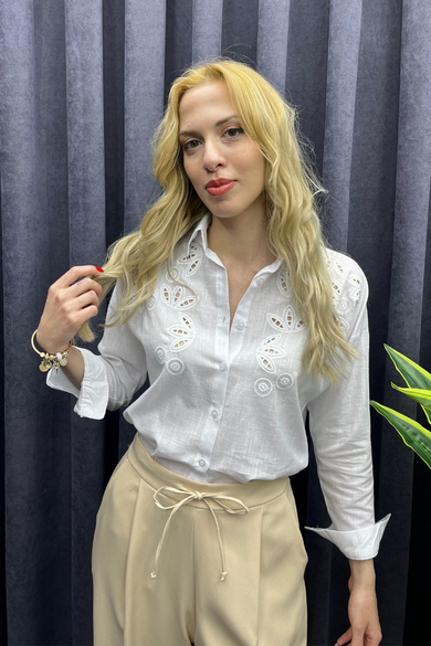 Nakışlı Keten Gömlek Beyaz