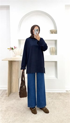 4621-oysho kumaş bisiklet yaka sweatshirt-lacivert