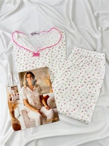 ç1050-jakarlı viskon kumaş gömlek yaka pijama takımı-beyaz