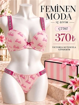 ç7707 - Destekli askıları taşlı barbie yazılı sütyen takımı(kutulu) - beyaz
