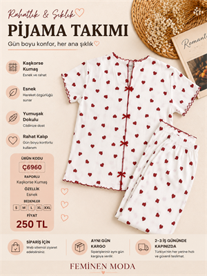 ç6960-raporlı kısa kol gömlek yaka kalpli pijama takımı-beyaz