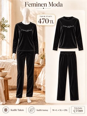 ç7789-kadife uzun kol pijama takımı-siyah