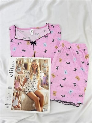 ç8658-viskon kaşkorse kumaş gömlek yaka siyah ayıcıklı şortlu pijama takımı-pudra