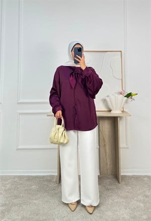 1878-saten kumaş yaka detaylı tunik-bordo