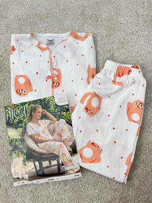 ç6640-bürümcük kumaş gömlek yaka kısa kollu pijama takımı-beyaz