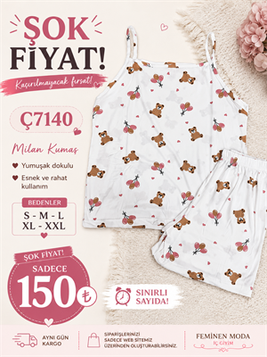 ç7140-milan kumaş gömlek yaka şortlu pijama takımı-beyaz