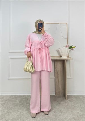 9133-modal kumaş büzgülü bağlamalı pantolonlu takım-pembe