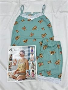 ç0010-milan kumaş şortlu ip askılı ayıcıklı pijama takımı-su yeşili