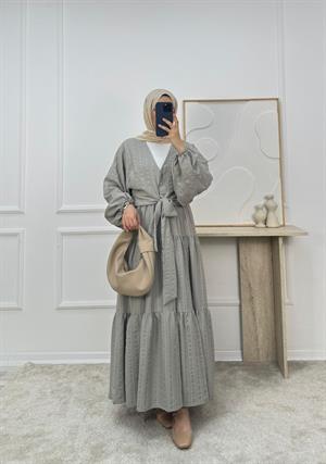 2113-maria kumaş önü bağlamalı etekli takım-gri