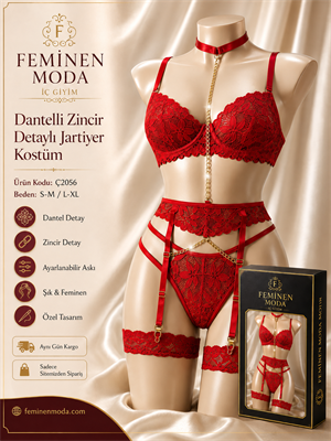 ç2056-dantelli zincir detaylı jartiyer-kırmızı