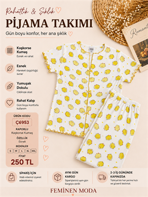 ç6953-raporlı kısa kol gömlek yaka civcivli pijama takımı-beyaz