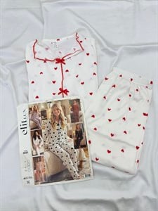 ç8691-Kaşkorse kumaş gömlek yaka uzun kollu pijama takımı kalpli -kırmızı