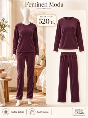 ç8736-kadife kumaş uzun kol pijama takımı-mor