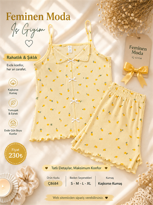 ç8684-kaşkorse kumaş ip askılı şortlu takım-sarı