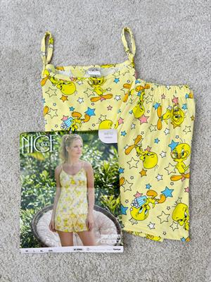 ç6610-milan kumaş tweety şortlu pijama takımı-sarı