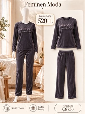 ç8736-kadife kumaş uzun kol pijama takımı-mürdüm