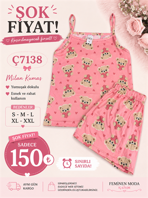 ç7138-milan kumaş gömlek yaka şortlu pijama takımı-pudra