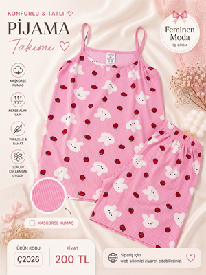 ç2026-kaşkorse kumaş ip askılı şortlu tavşanlı pijama takımı-pembe 