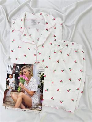 ç6665-bürümcük kumaş şortlu güllü pijama takımı-beyaz