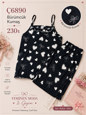 ç6890-bürümcük kumaş ip askılı kalpli pijama takımı-siyah