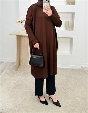 7048-soğuk iplik kumaş triko tunik-kahve