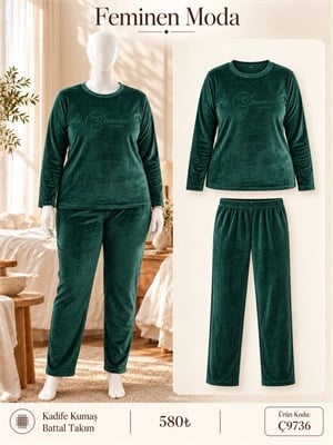ç9736-battal boy kadife kumaş uzun kol pijama takımı-yeşil